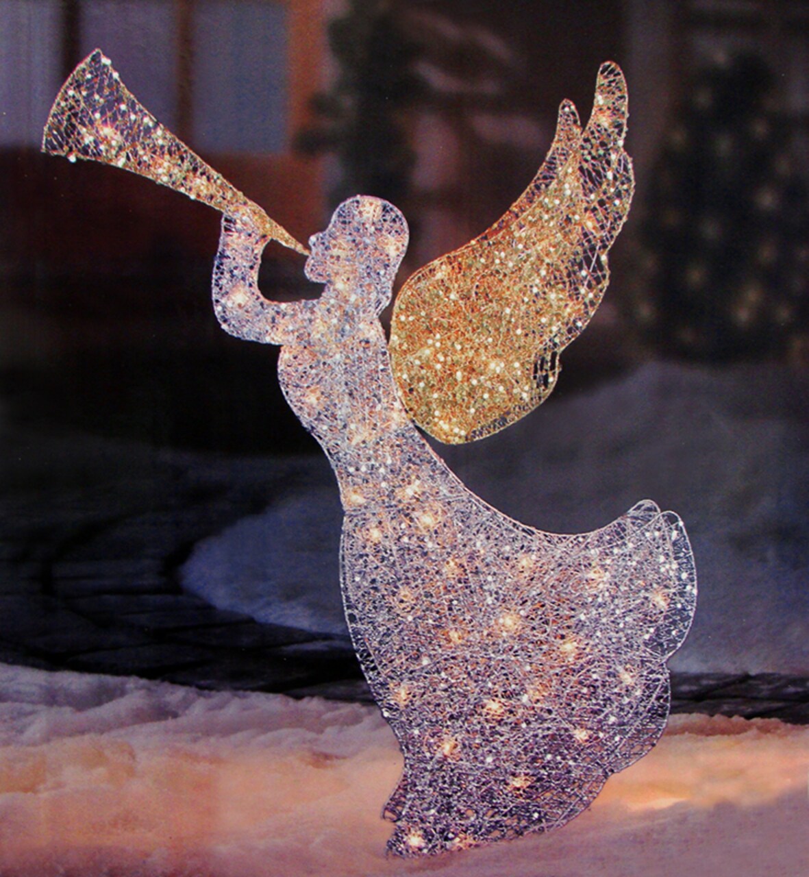 PENN 46" Lighted Glitter Sequin 3-D Angel with Trumpet Christmas Yard Art Decoration - Clear Lights